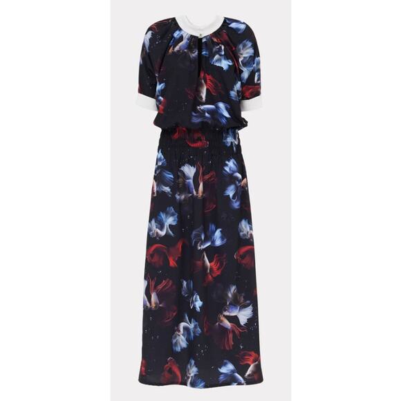 Julia Allert Black Maxi Long Dress Red Blue Fish White Collar Large NWT - Picture 7 of 13